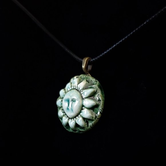 Handmade Ceramic Teak Green Sun Pendant Necklace, Sol Pendant - Picture 3 of 6